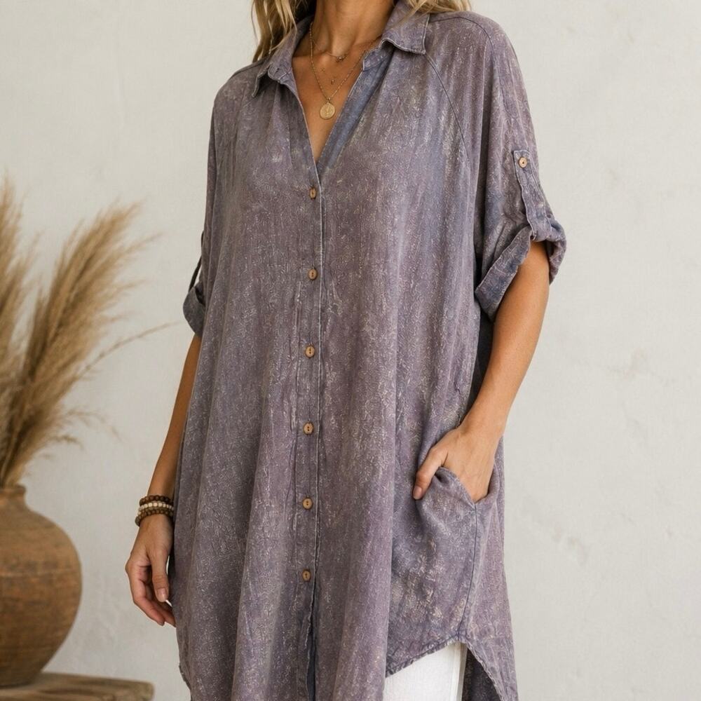 Umgee Linen Blend Oversized Tunic Top Gray Small Boho Coastal Minimalist Resort